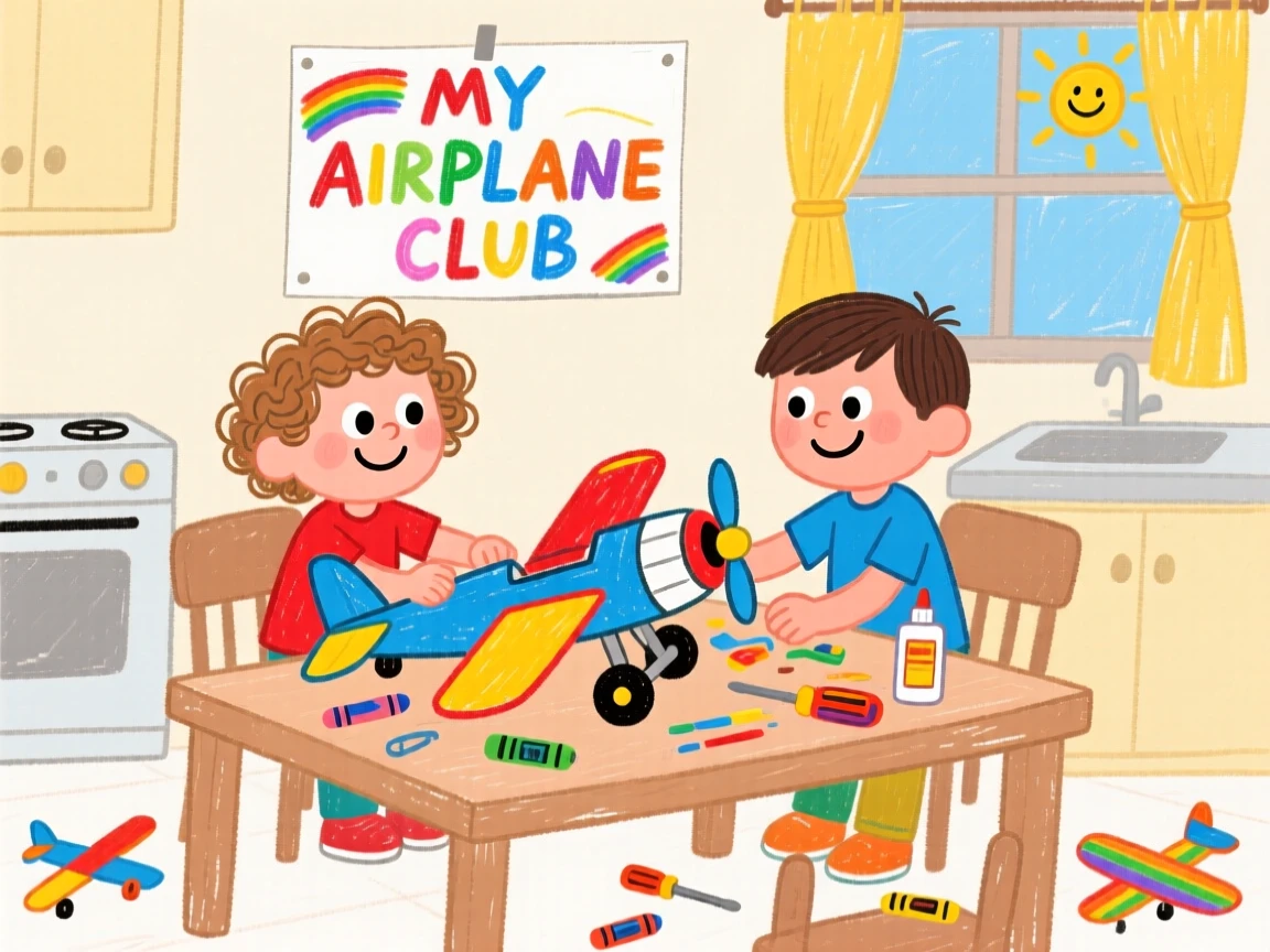 Children building a model airplane together at a kitchen table.