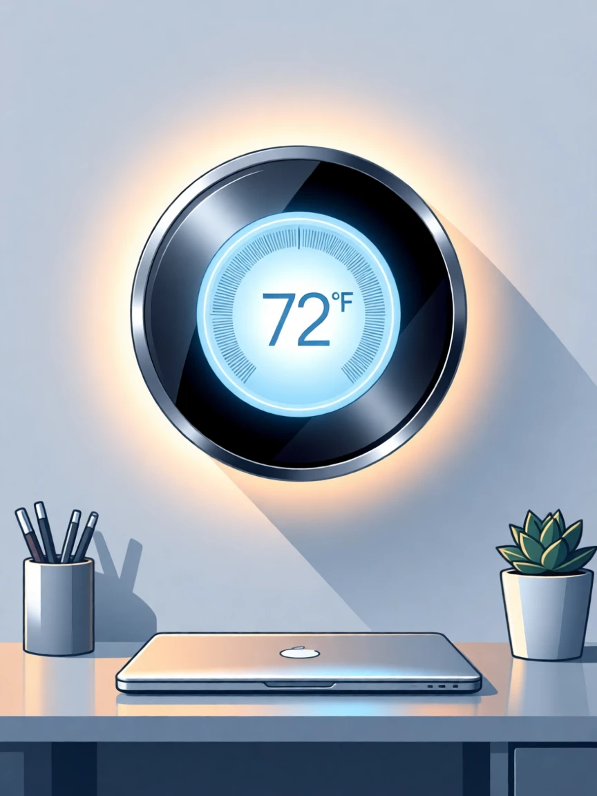 A smart thermostat glowing softly on a modern wall, set within a calm, organized workspace, framed with soft glowing light highlighting key details, with sleek metallic textures catching soft light.