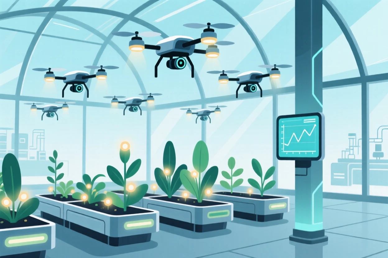 A fleet of drones monitoring an experiment in a futuristic greenhouse.