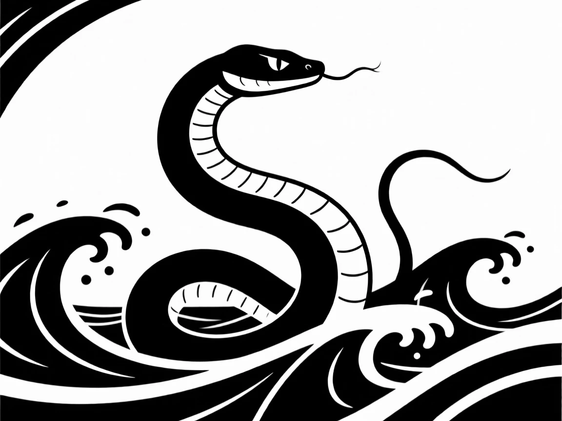 A sea serpent rising from stormy waves.