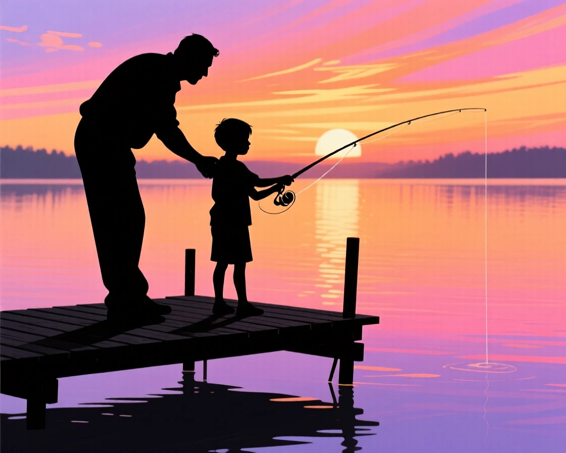 A father teaching his son to cast a fishing line off a quiet dock.