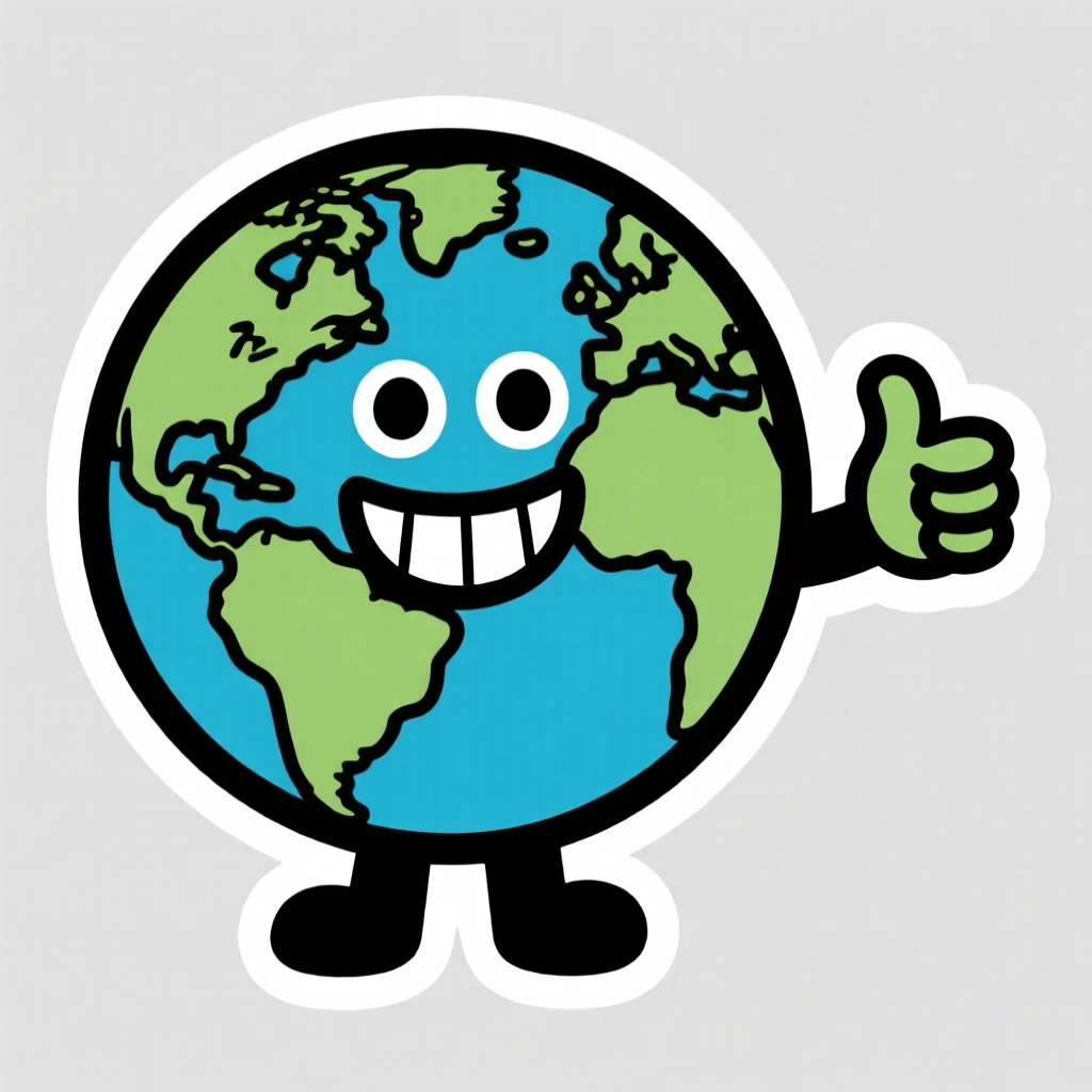 A bright and friendly happy planet Earth character giving a thumbs up, with a big warm smile, bringing a smile to young learners.