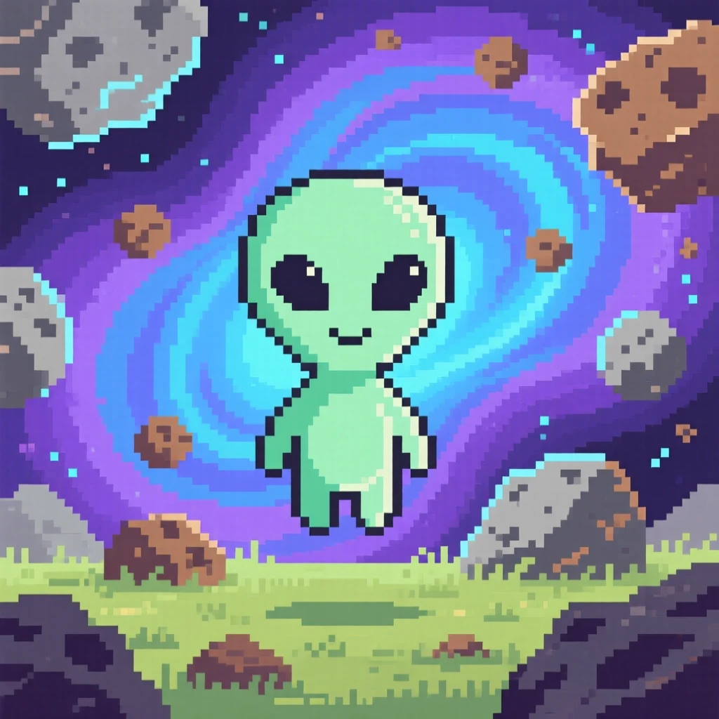 A friendly alien creature with big eyes floating peacefully among a field of asteroids, within a nebula glowing in shades of purple and blue.
