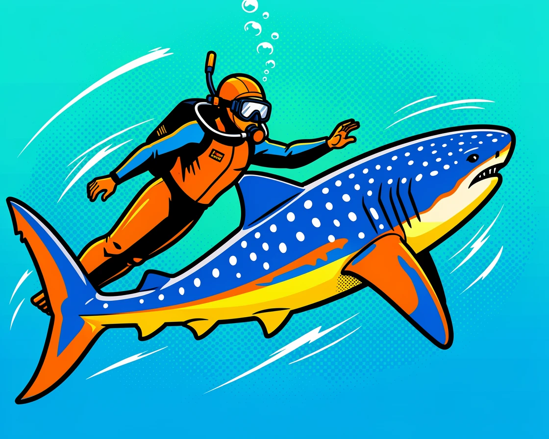 A diver swimming alongside a gentle whale shark