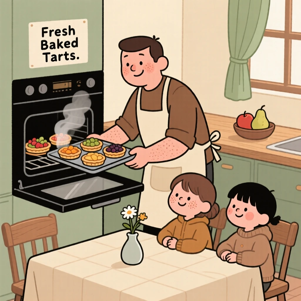 A father pulls a tray of fresh fruit tarts from the oven in a cozy home kitchen, steam rising as children wait eagerly at the table.