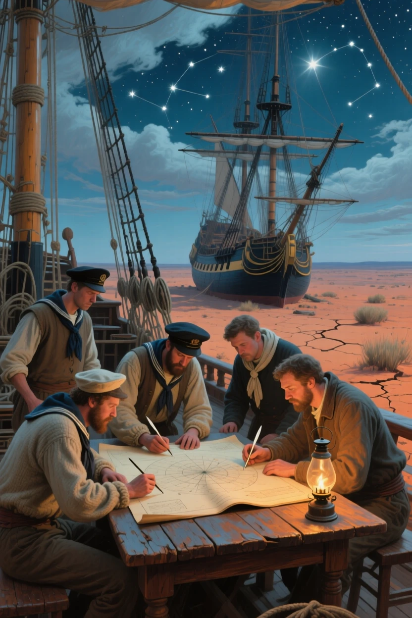 A medium shot of sailors charting a course by starlight on the deck of a tall ship, in the Australian outback, beneath drifting clouds.