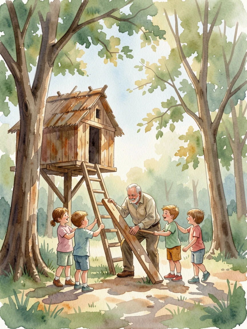 Children building a treehouse with their grandfather with a gentle breeze rustling nearby trees.