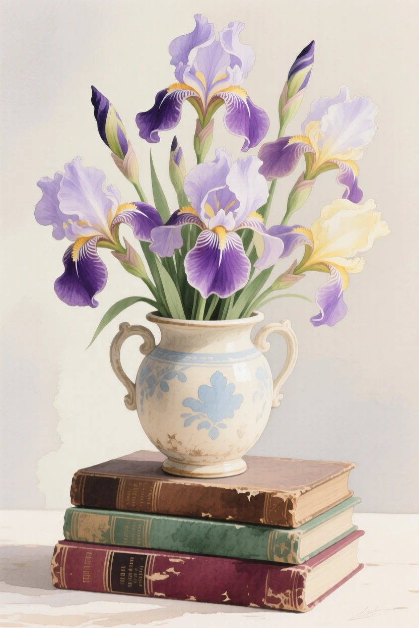 A bouquet of irises in soft, layered tones fills an antique porcelain urn atop a stack of old books, petals catching the gentle light
