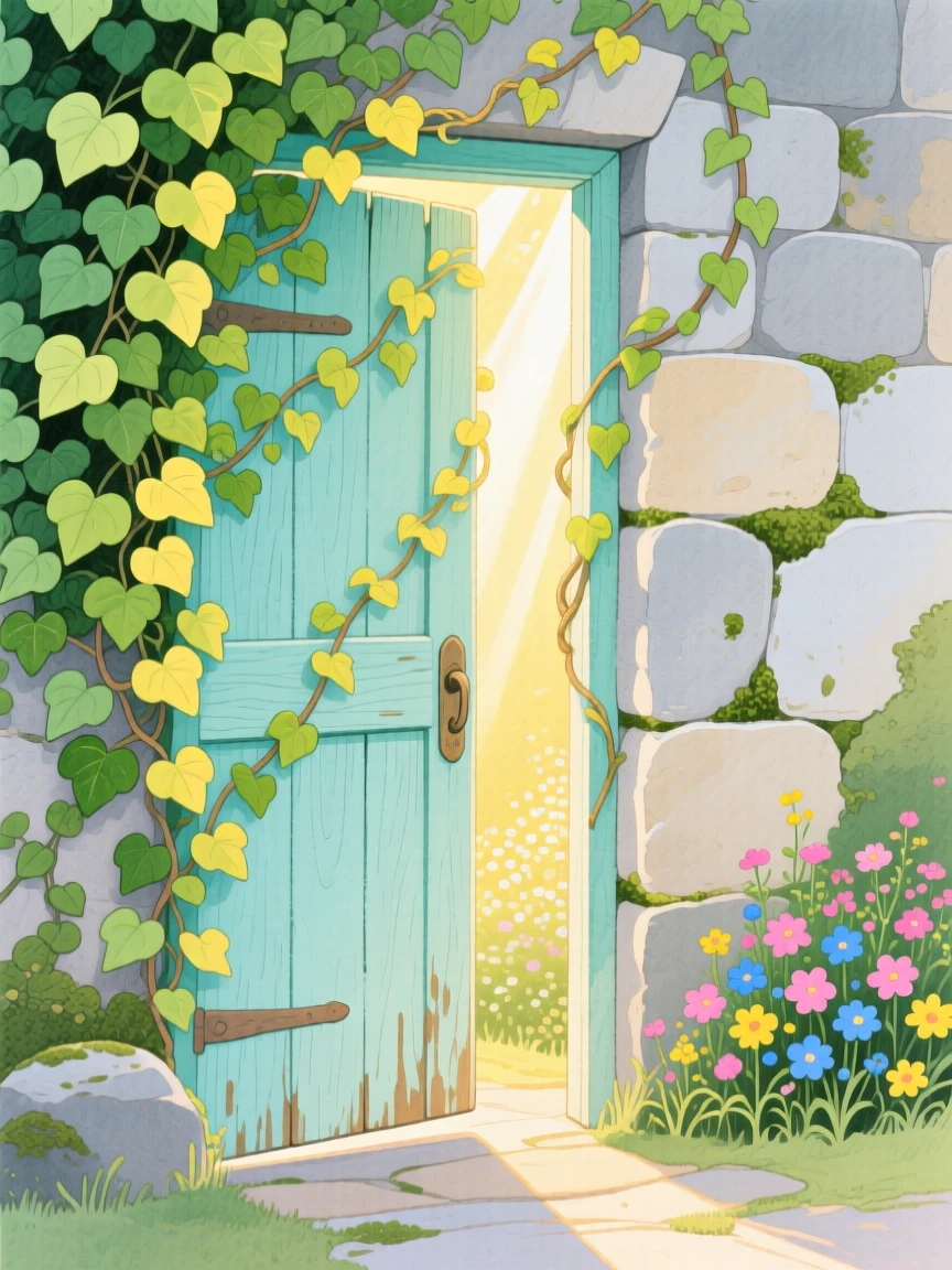 A thrilling glimpse of a hidden door covered in ivy leading to a secret garden.