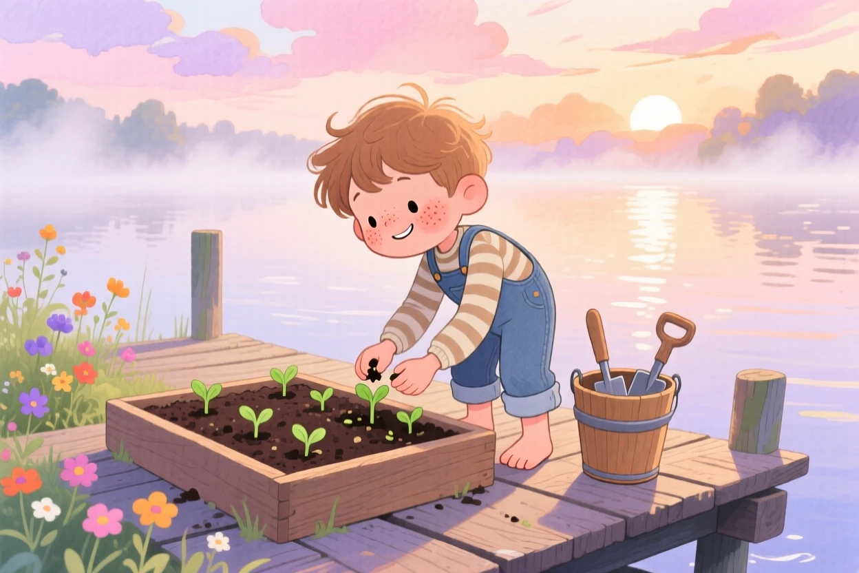 A little boy with freckles planting seeds in a small garden plot, in a lakeside dock at early morning, brimming with carefree happiness.
