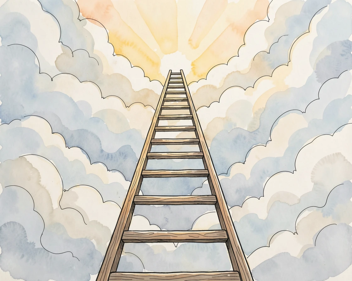 A ladder reaching up through clouds toward a burst of sunlight, the moment simple, sincere, and quietly powerful.