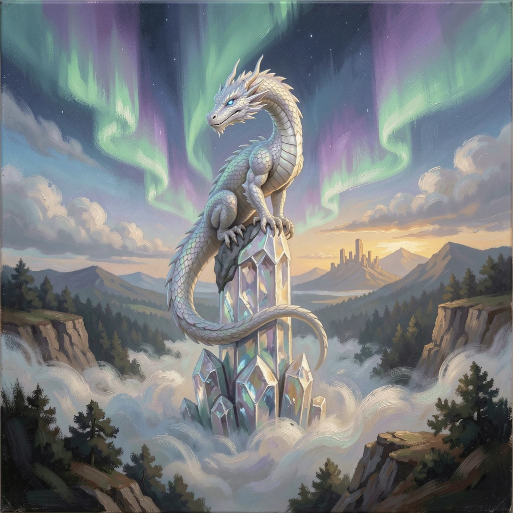 A majestic white dragon perched atop a crystal spire, within a hidden valley shrouded in mist, clouds parting to reveal a hidden realm beyond, under a sky streaked with shifting auroras.