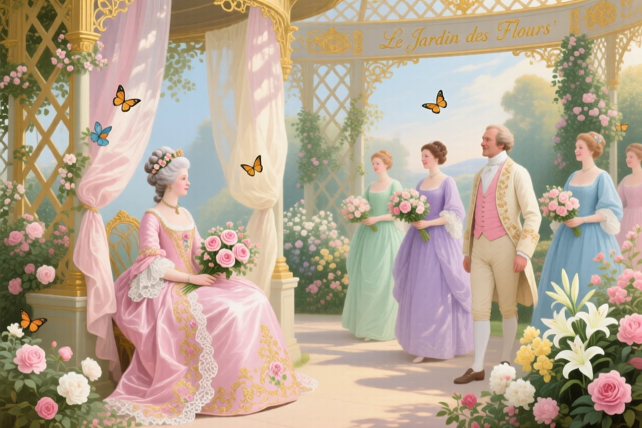 A queen seated beneath a garden pavilion as guests bring floral gifts  