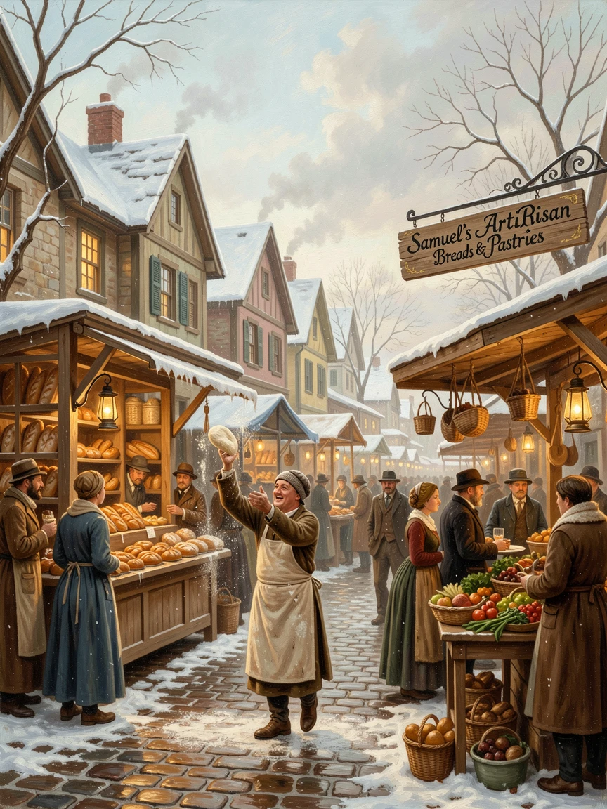 A baker plays in a bustling market street while snow dusts the rooftops.