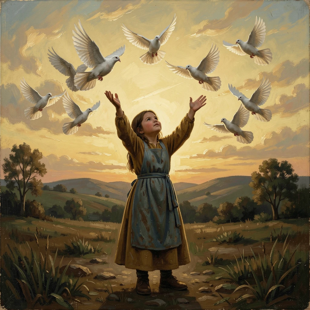 A young girl reaching toward a flock of doves released into a golden sky, as a single meaningful gesture captures the heart of the moment, celebrating courage, perseverance, and the strength of the human spirit