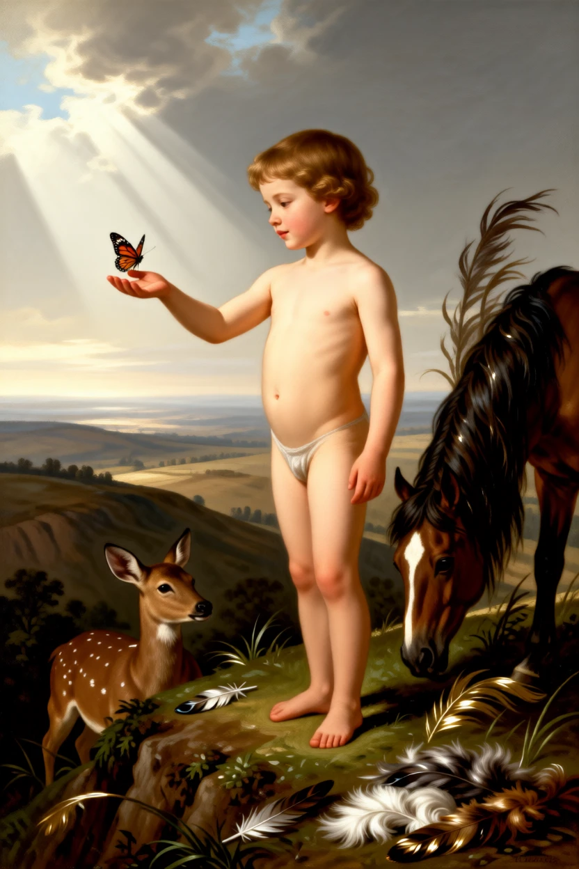 A butterfly resting delicately on a child's outstretched hand at the peaceful, unguarded heart of the natural world, set atop a windswept ridge overlooking a vast, open landscape, with feathers, fur, or manes catching the light in fine, luminous detail; the composition balances raw power with graceful, natural stillness, suggesting the timeless harmony between nature and spirit.
