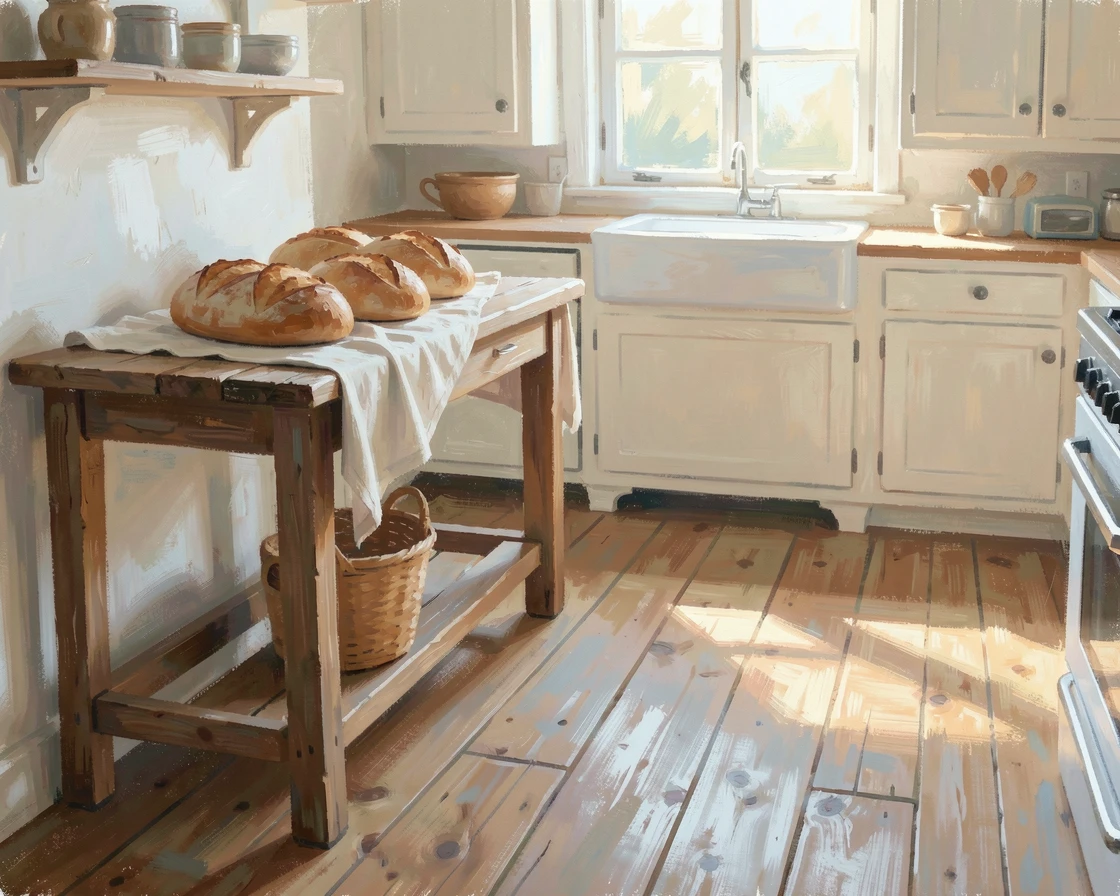 A rustic farmhouse kitchen with fresh bread cooling on the counter and morning light spilling across worn wooden floors, inspiring awe at the beauty of the scene.