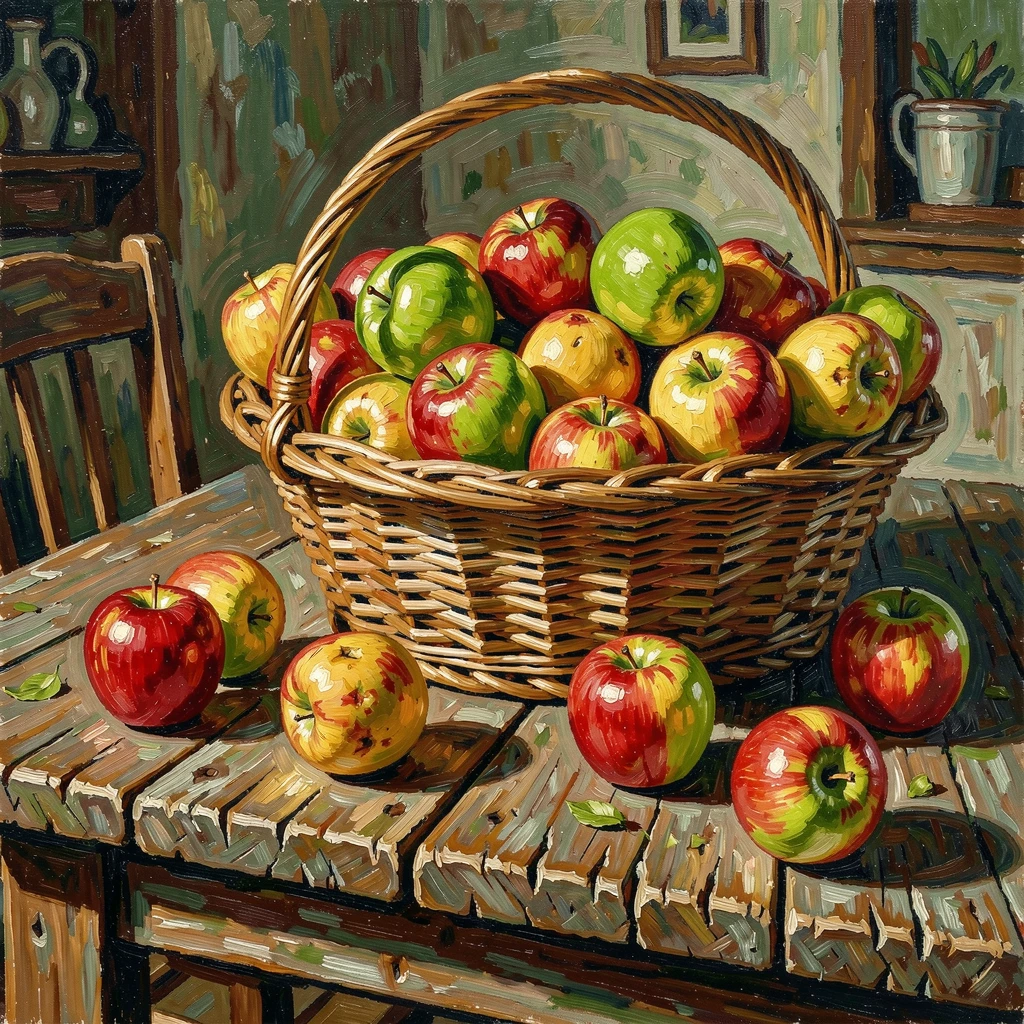 A basket of freshly picked apples spilling onto a weathered farmhouse table.