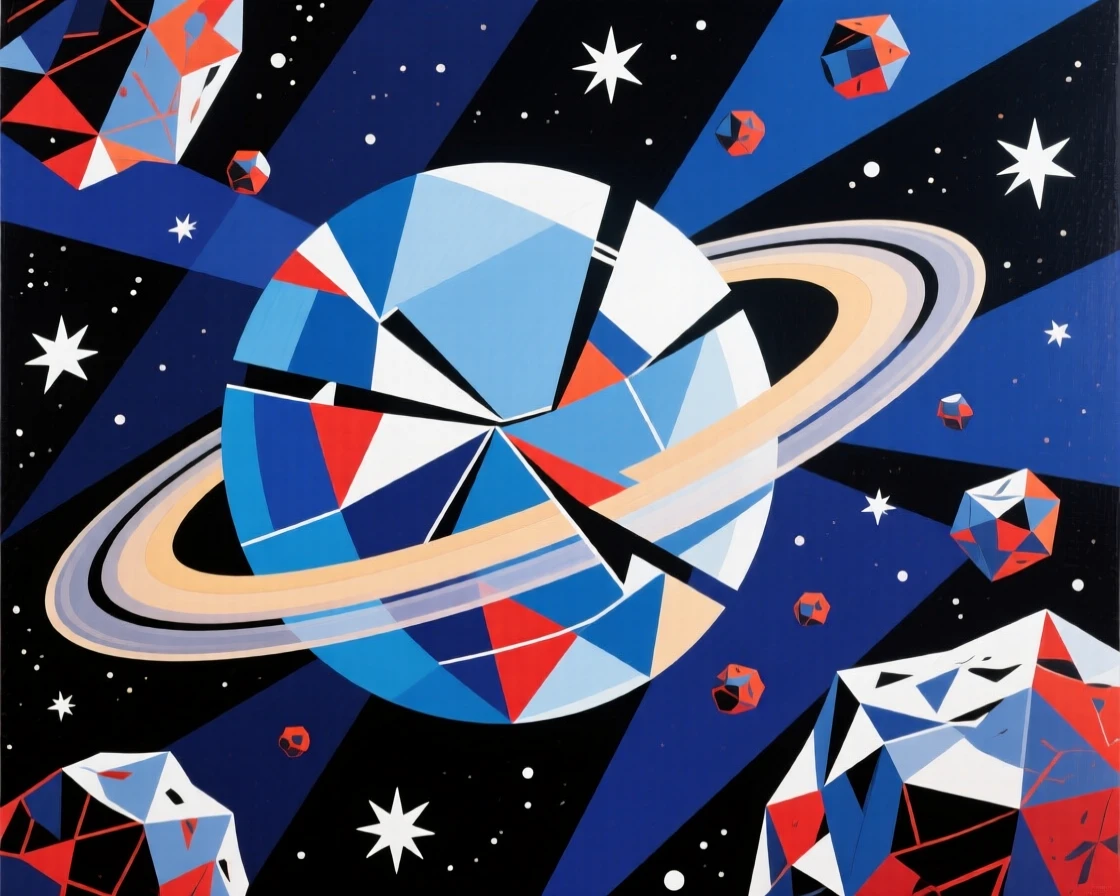 A stunning cosmic view of a swirling ringed planet surrounded by drifting fields of asteroids.