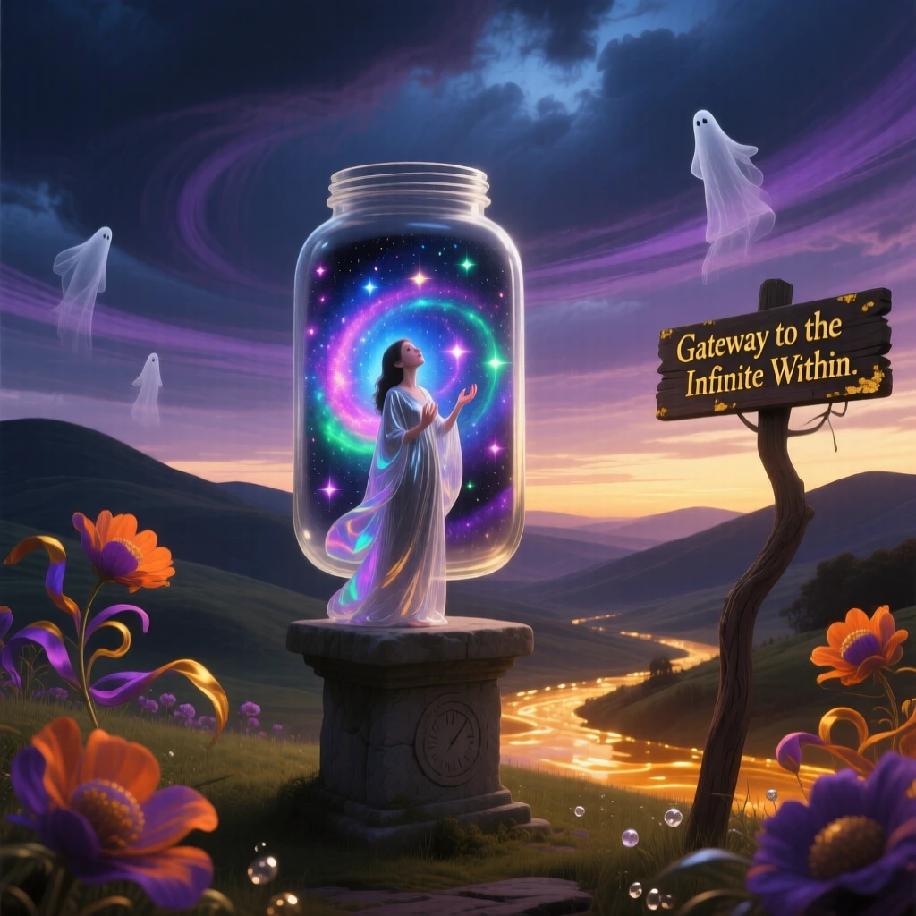 A galaxy spiraling slowly inside a simple glass jar illuminates a single figure standing in awe beneath it, as a soft golden light spills over distant sleeping hills.