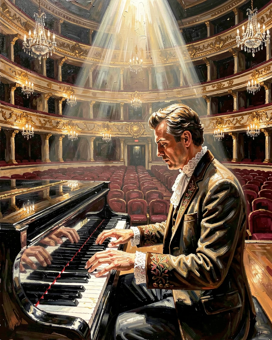 A pianist performs beneath dramatic spotlight in an empty grand theater, hands blurring across the keys in passionate motion, small traditional details in costume and decoration rewarding a closer look.