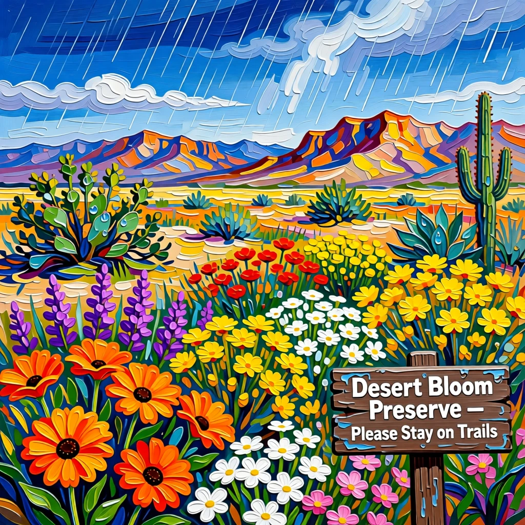 A field of desert wildflowers blooming briefly after a rare rainstorm