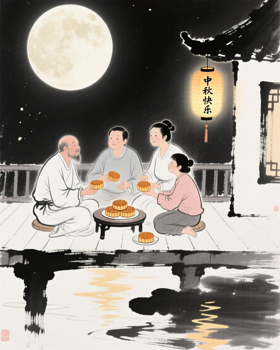 A family sits together on a terrace, sharing mooncakes beneath a full moon, with lantern light reflecting softly on the water.