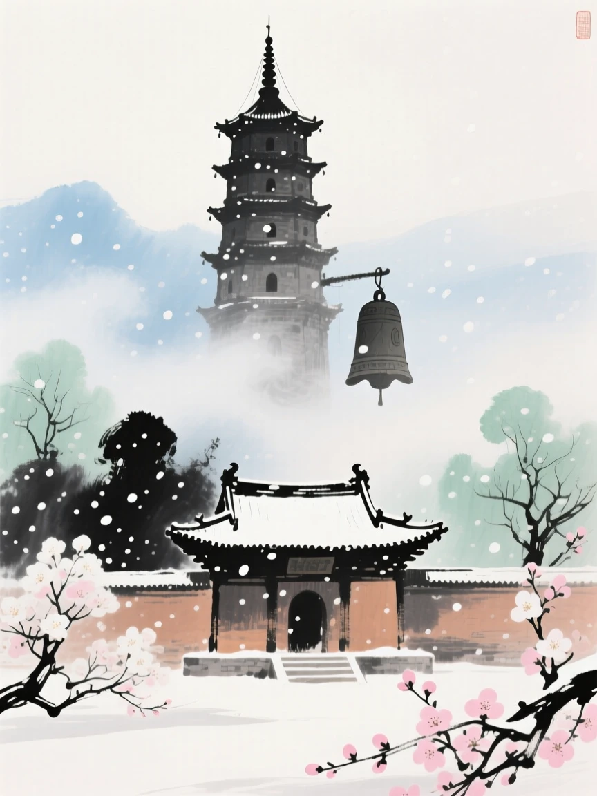 A bell tower rising above the mist of an ancient monastery, suffused with quiet joy, beneath softly falling snow, as spring blossoms unfold.