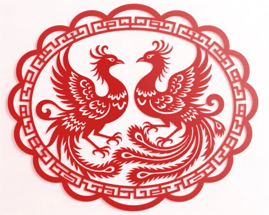 A design of a scalloped border design featuring confronting phoenixes with intertwined tails, bordered by a fine repeating key-fret pattern.