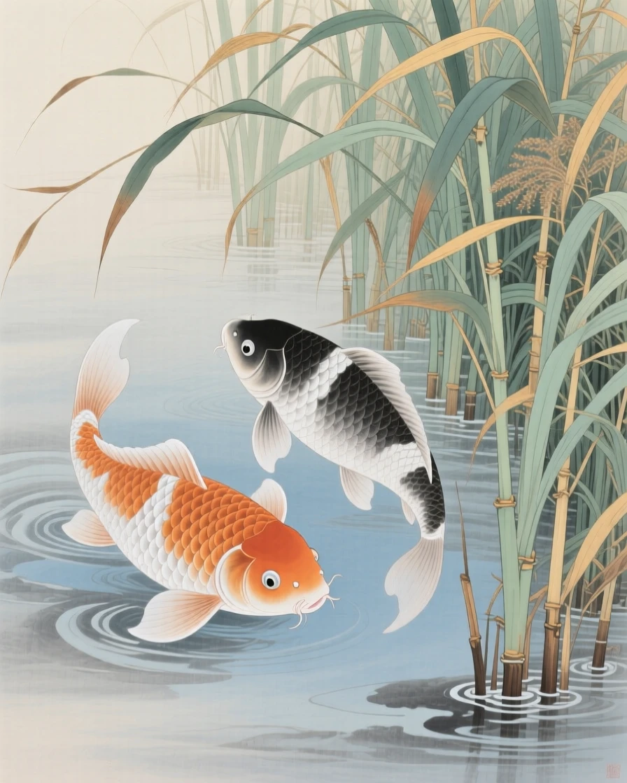 A pair of koi fish wandering through a field of tall reeds