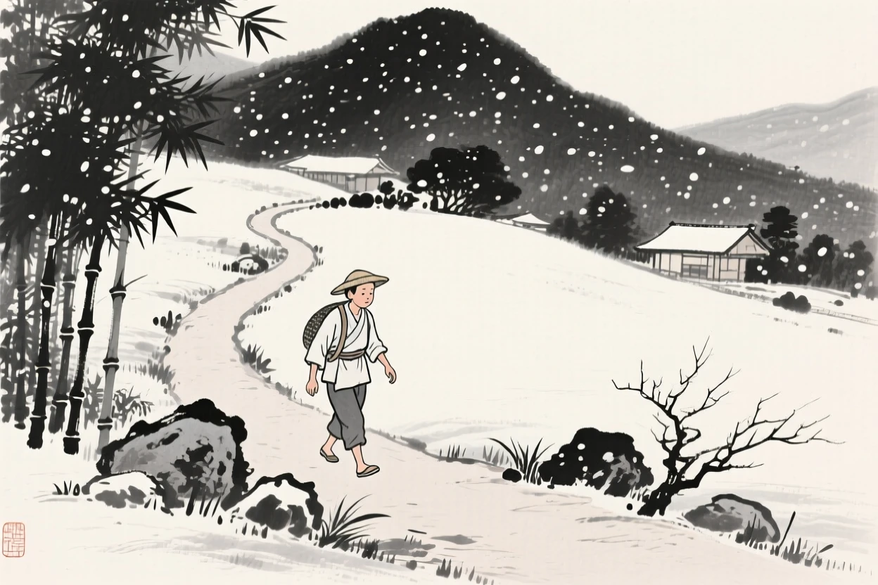 A young farmer walking slowly along a mountain path in a quiet garden beneath falling snow, captured mid-gesture in a candid, natural moment, capturing an everyday moment full of gentle humanity.
