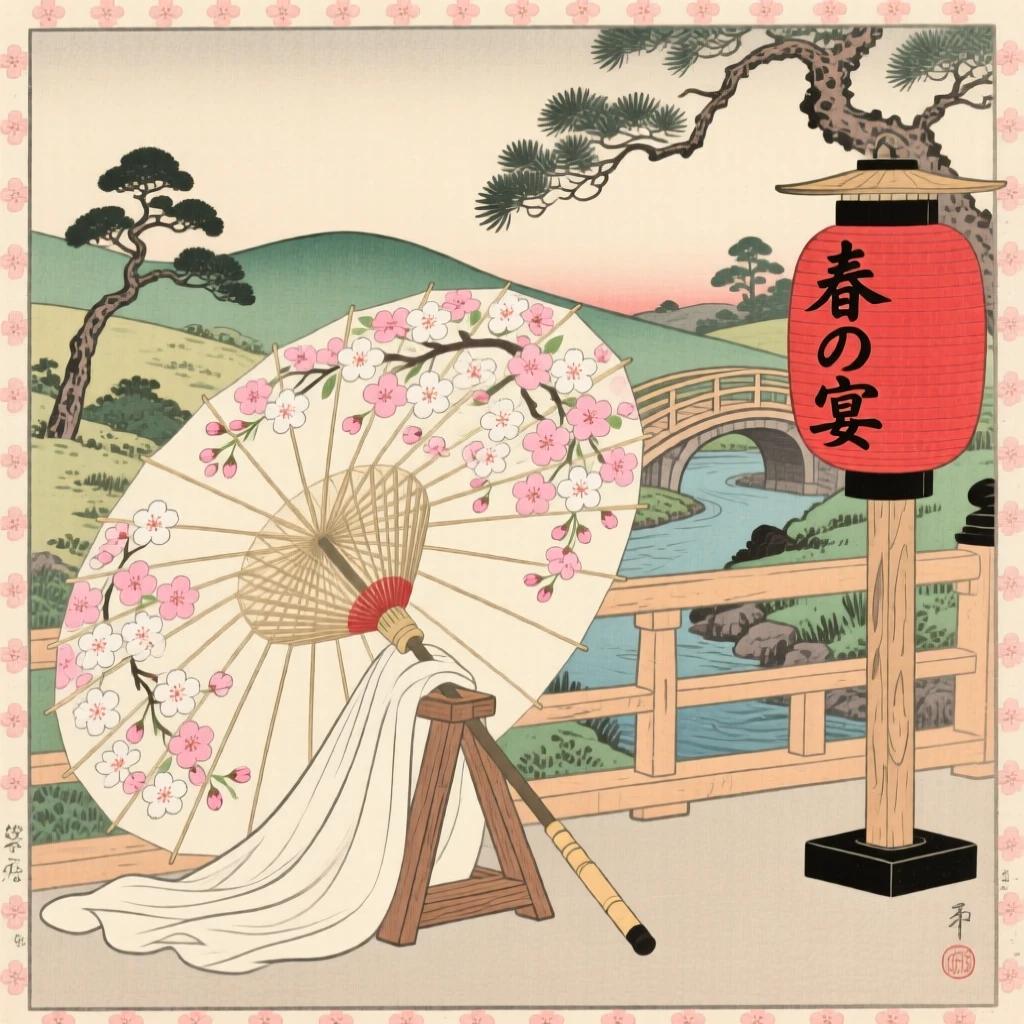 A cherry-blossom painted paper umbrella draped elegantly for a special occasion.