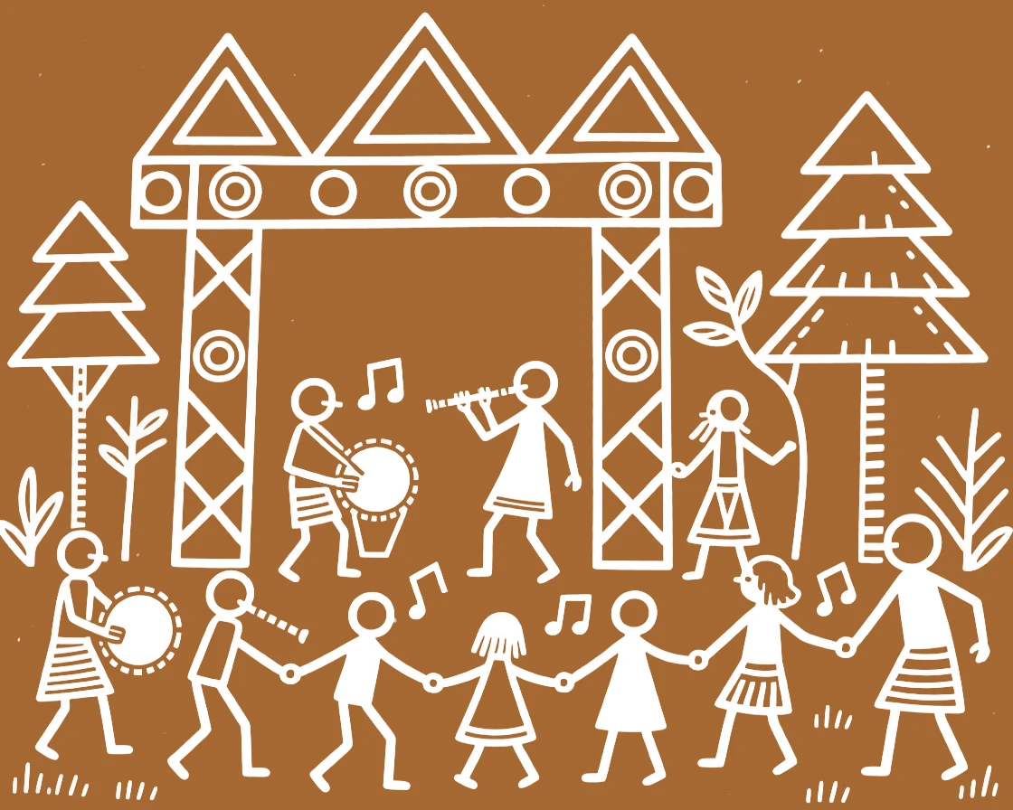 A composition centered on a ceremonial gateway filled with musicians and celebrating families.