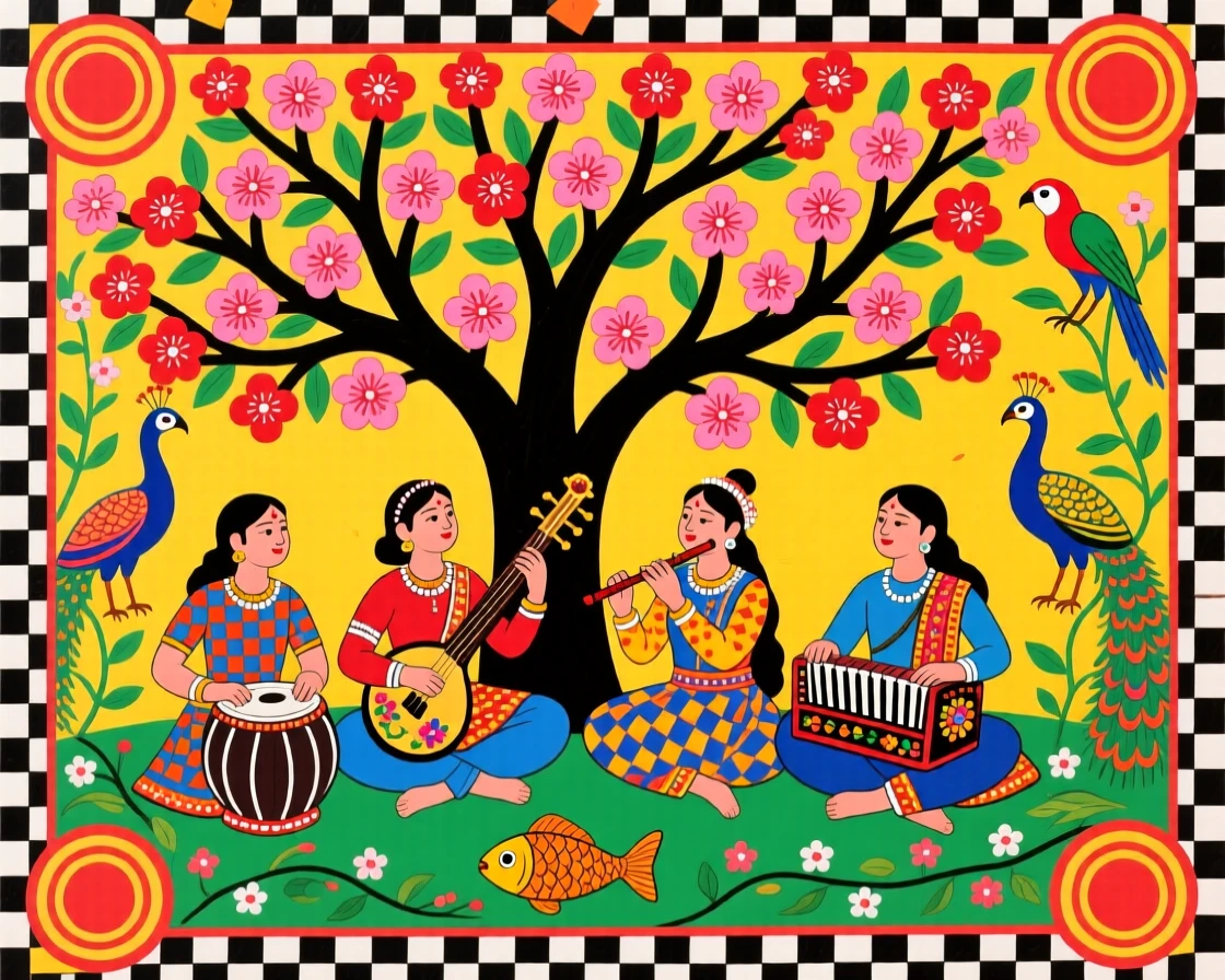 A group of musicians playing together beneath a blossoming cherry tree.