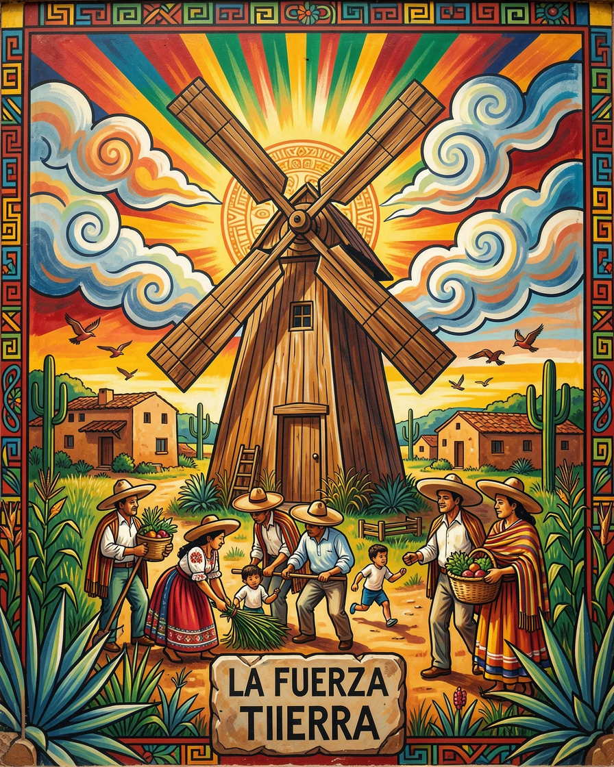 A rustic windmill turning slowly over a quiet farm