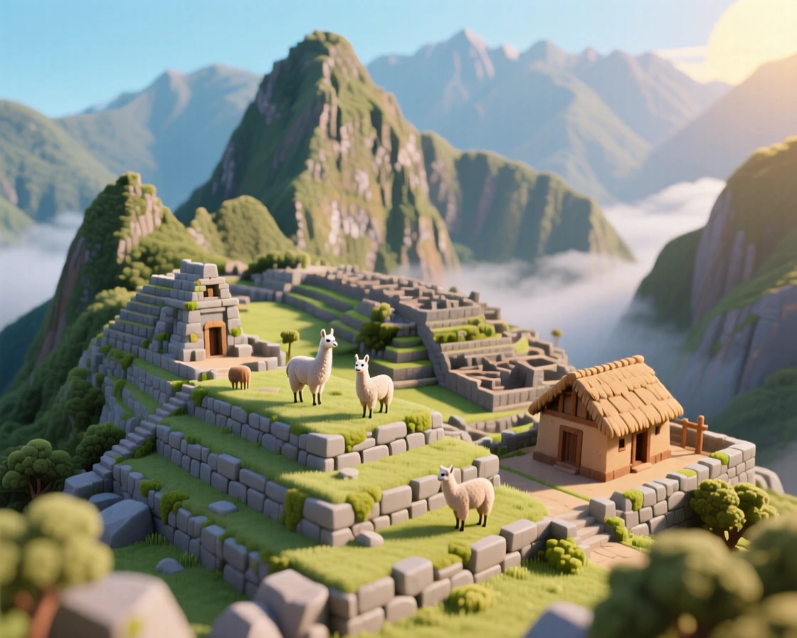 An ancient Inca mountain city with terraced stone agriculture, llamas grazing, and mist rolling through the peaks.