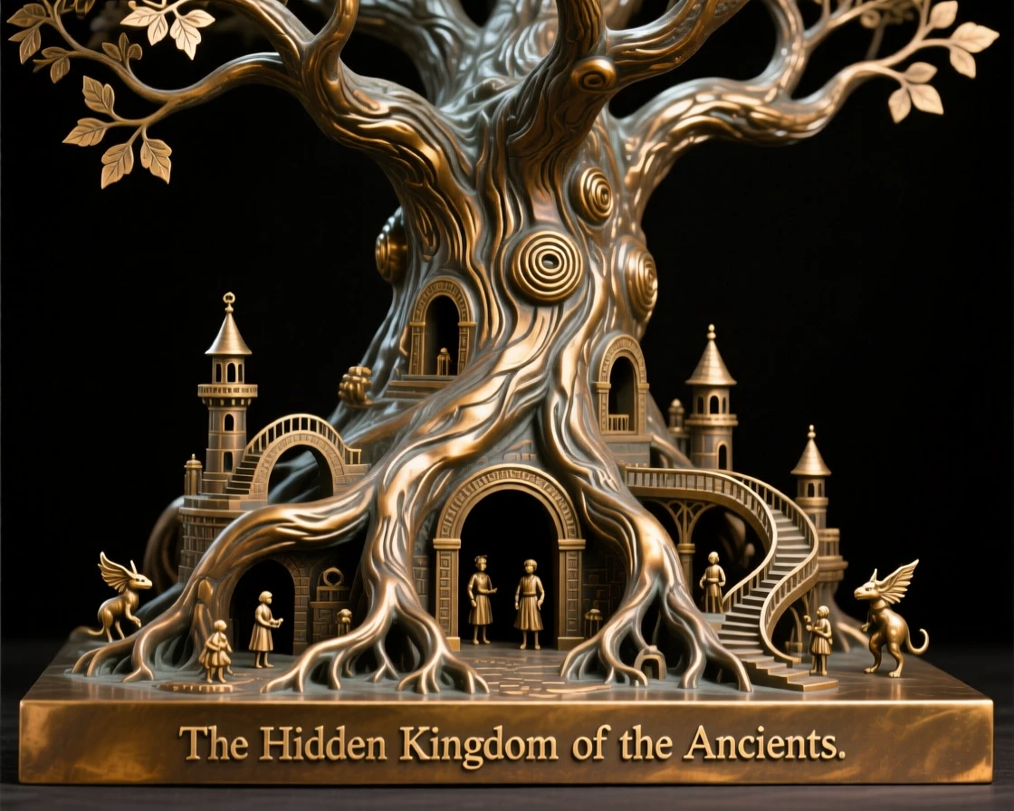 An ancient tree whose roots form a hidden kingdom, with intricate, fantastical detail throughout, transporting the viewer to another world