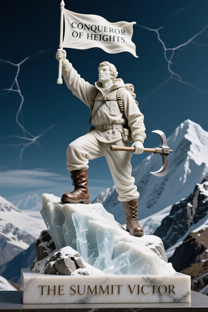 A vivid, emotionally rich scene of a fearless explorer atop a snowy peak, captured with cinematic depth and detail, designed to captivate and inspire