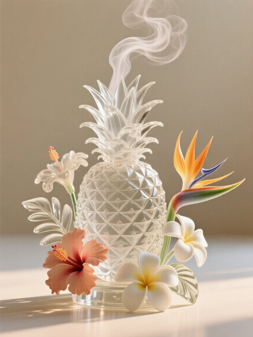 A pineapple surrounded by a scattering of tropical flowers as steam rises gently into the morning air, while a warm breeze drifts through a nearby open window
