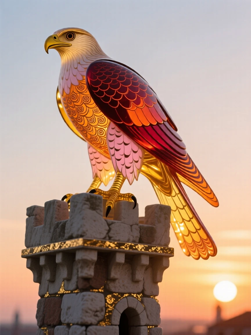 A lone falcon perched atop an ancient stone tower at the height of sunset, noble and poised.