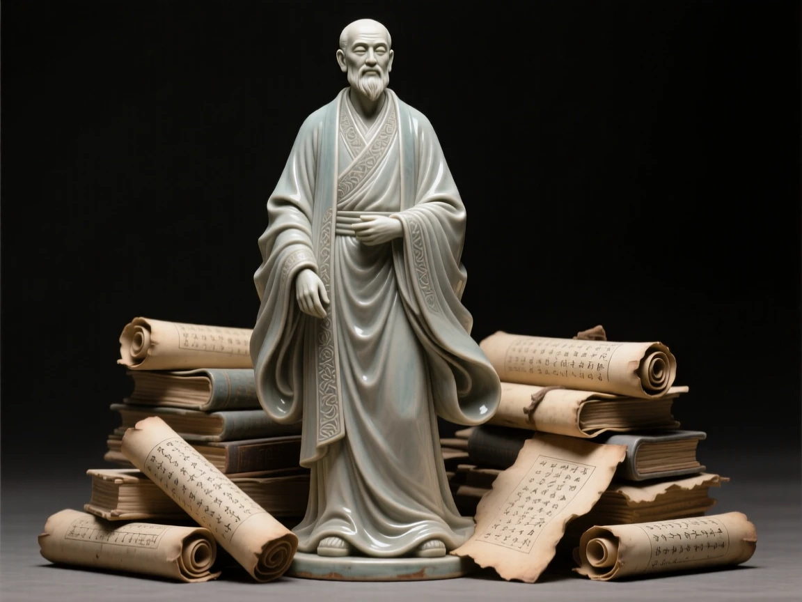 A scholar surrounded by stacks of ancient scrolls standing proudly with chin lifted high, draped in flowing garments that ripple with movement, radiating grace, strength, and inner peace.