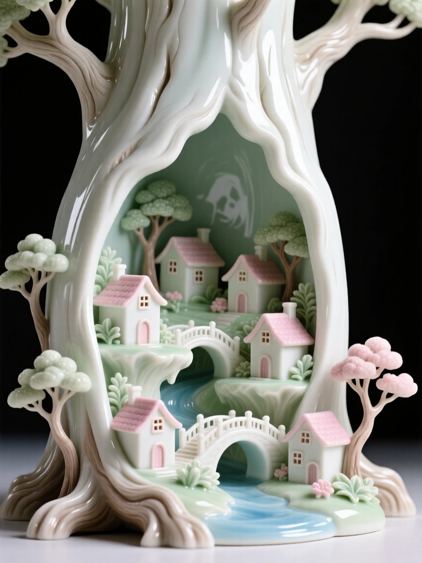 An imaginative vision of a village built inside the hollow of an ancient tree, inviting long, curious exploration.