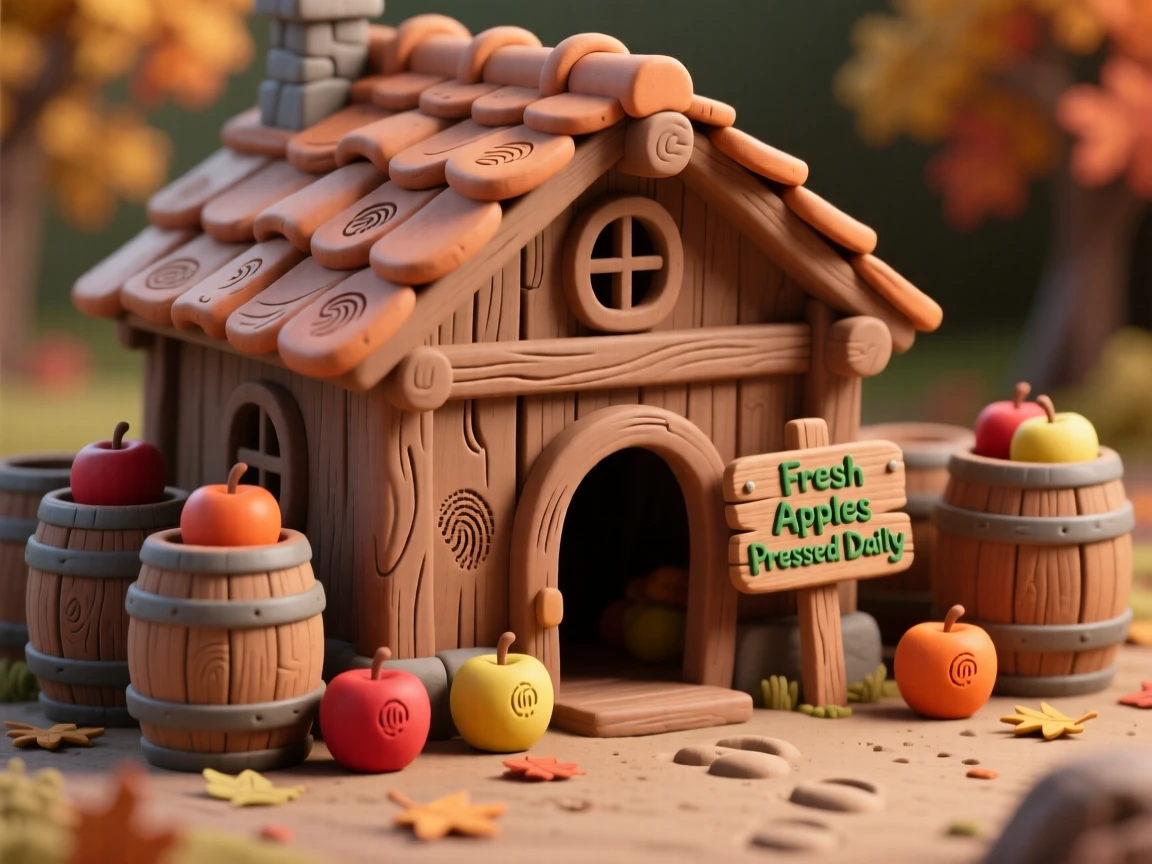 An autumn cider mill with barrels of fresh apples awaiting pressing
