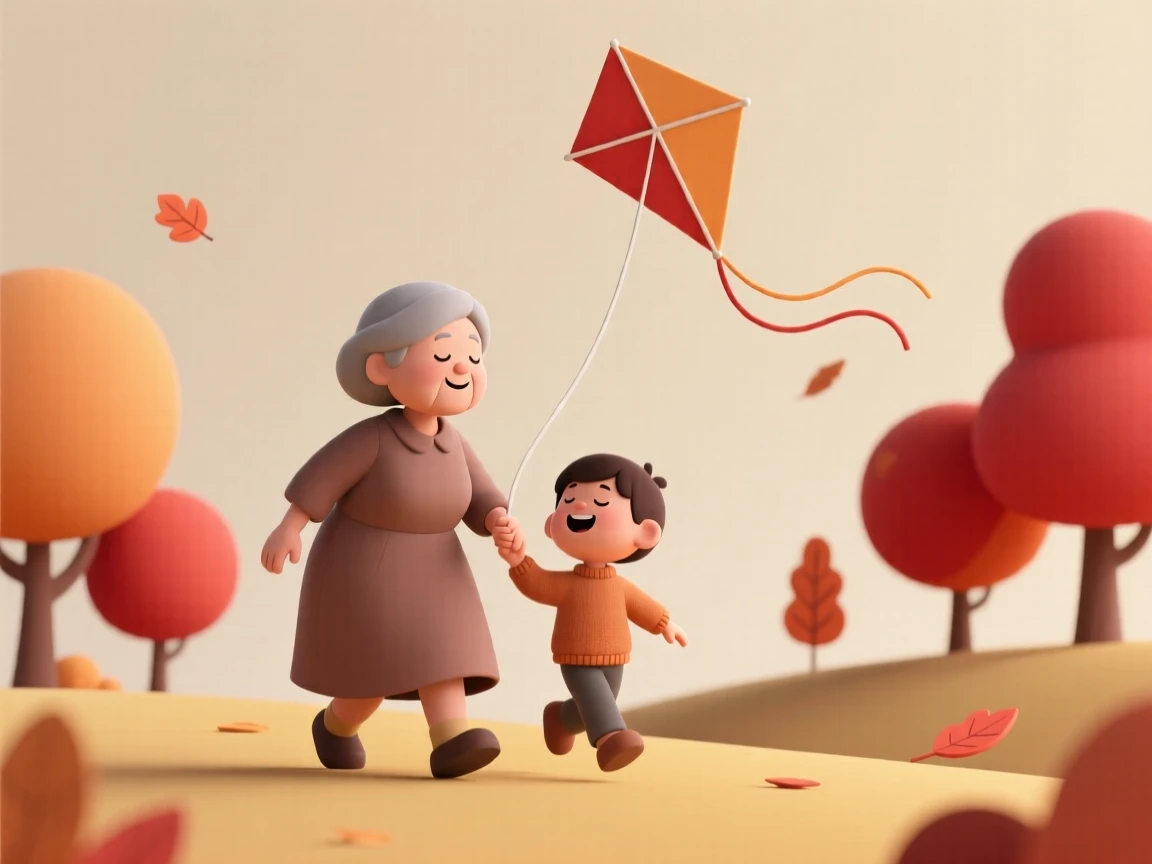 A gentle grandmother and grandchild fly a kite together on a windy autumn afternoon, both laughing at the sky.