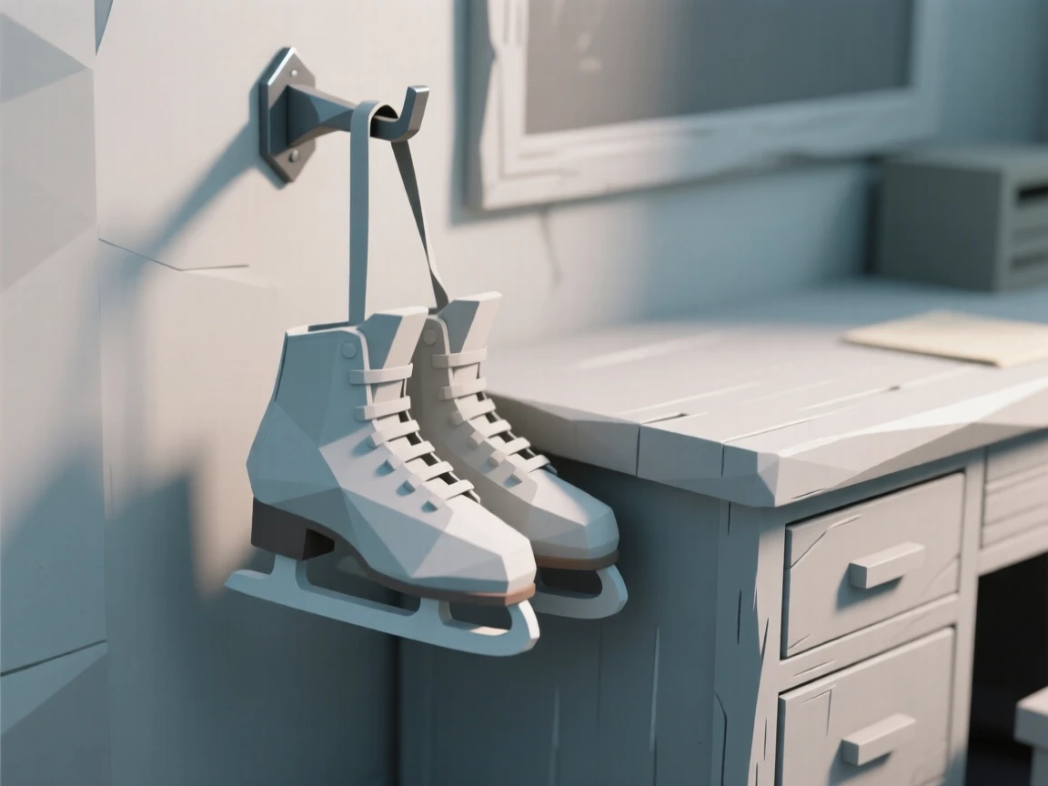 A pair of old ice skates hanging on a hook, on an antique writing desk. a shallow depth of field isolates the main object. It evokes a feeling of gentle nostalgia.