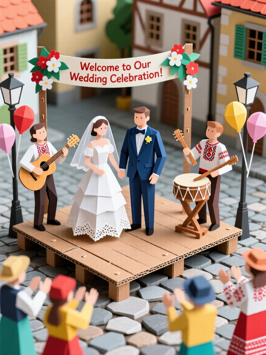 A joyous traditional wedding ceremony celebrated in a lively village square, with delicate details evident in every gesture, capturing joyful communal celebration.