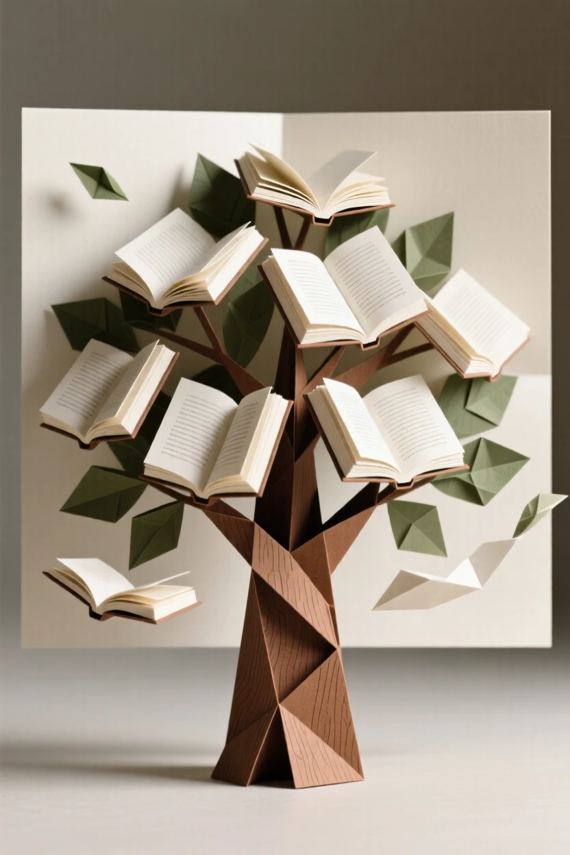 A tree growing books instead of leaves, pages fluttering gently in the wind.