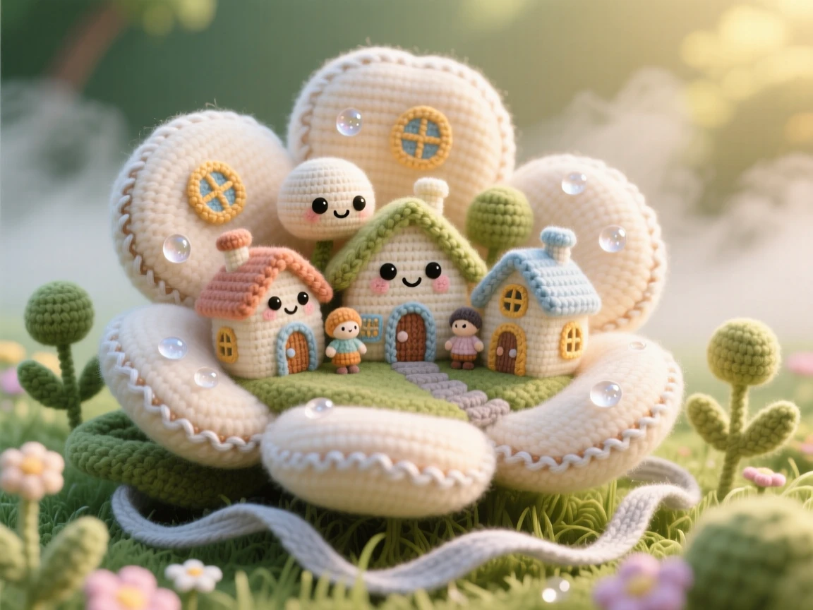 a tiny village built into the folds of a giant flower petal, glowing softly with morning dew, is shown nestled in a sunlit garden, tucked within a quiet, dreamlike meadow, surrounded by a small ribbon of drifting mist, radiating a dreamlike, storybook charm.