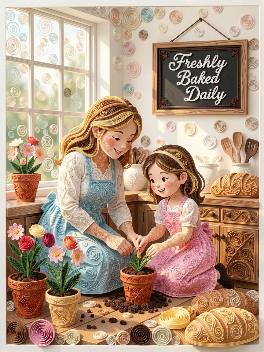 A heartwarming moment of a mother and daughter planting flowers in a garden in a cozy kitchen filled with the smell of fresh bread, with gentle sunlight highlighting joyful smiles, framed with soft bokeh in the background.