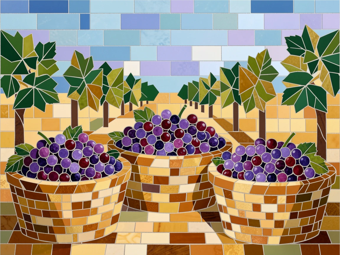 A peaceful vineyard harvest with baskets of ripe purple grapes.